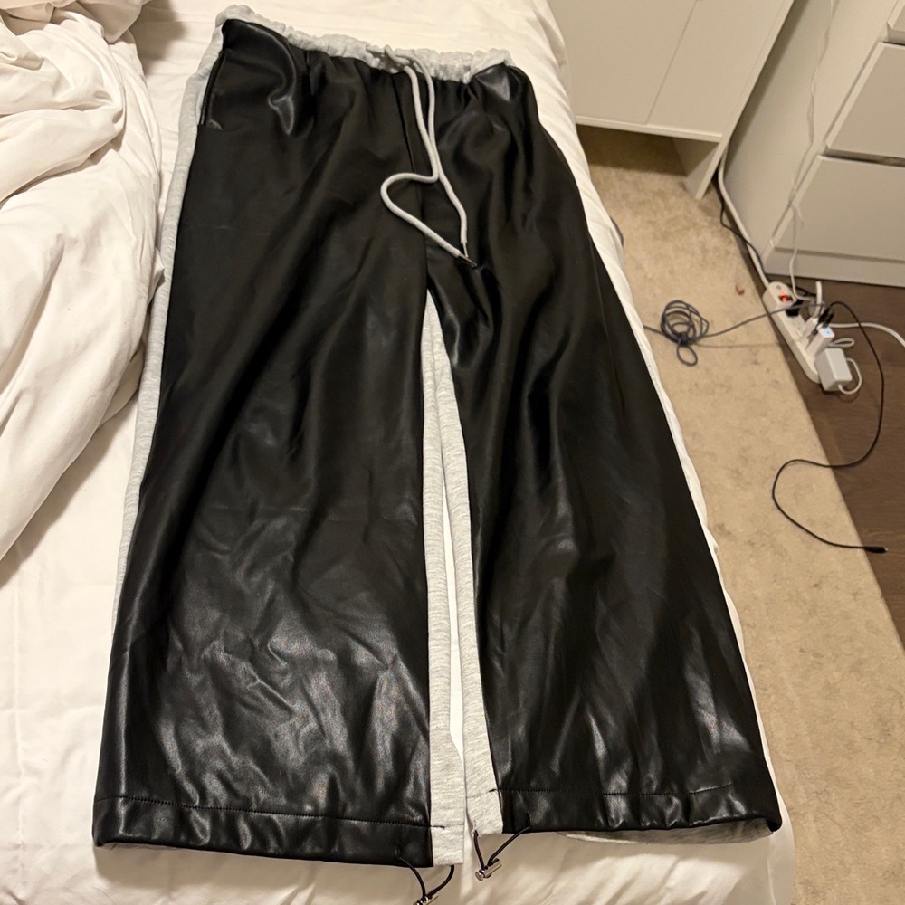 Two Tone Black Faux Leather with Light Gray and Drawstring Sweatpants